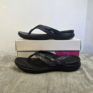 Crocs Sanrah Metal Block Black Snakeskin Wedge Flip Flops 205478 Womens 10